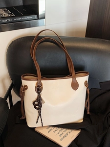 Vintage Large Capacity Tote Bag For Women PU Leather Contrast Color Patchwork Shoulder Bag Commute School Casual Handbag