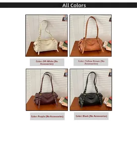 Detailed grid view of four vintage barrel bags in white, brown, purple and black leather