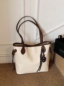 Retro cream white and brown large capacity tote bag with woven pendant for women
