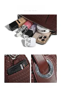 Macro detail of brown woven leather bag interior capacity and side card pocket design