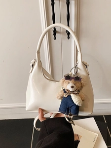 Women Retro PU Leather Hobo Bag Glossy Splicing Shoulder Bag Minimalist Commuter Crossbody Bag With Teddy Bear Charm