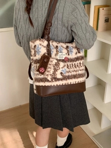 Winter plush Fair Isle tote bag with snowflake pattern and brown leather straps