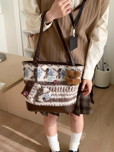 Fair Isle pattern fuzzy tote bag with knit texture and plush bear charm for daily commute