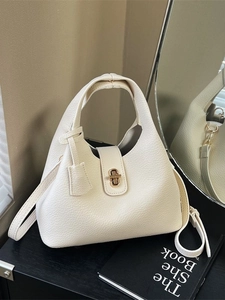 Women Fashion PU Leather Litchi Pattern Bucket Bag Vintage Metal Lock Handbag Versatile Shoulder Crossbody Bag