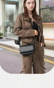 Detail view of black PU leather crossbody bag with wide strap and mini coin purse