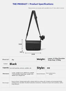 Detailed size parameters for black PU leather crossbody bag with small detachable pouch