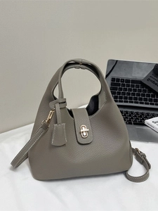 Retro grey lychee grain leather handbag with gold twist lock and adjustable strap