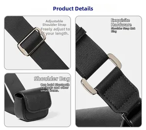 Detail of adjustable shoulder strap with metal buckle and mini earphone pouch on bag