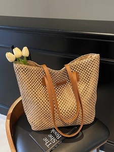 Women Large Capacity Straw Woven Tote Bag Hollow Out Summer Beach Bag With PU Leather Handle Shoulder Handbag Vacation Bag