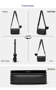 Detailed multi-angle views of a black lychee texture crossbody bag with a small pouch