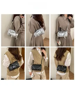 Detail shots of chic punk style crossbody bags featuring zipper decor and metal buckles