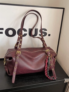 Retro PU Leather Underarm Bag For Women Litchi Grain Boston Shoulder Bag With Adjustable Metal Eyelet Strap Solid Color Handbag