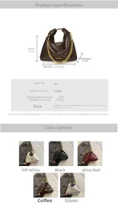Detailed size chart and specifications for the chain handle faux leather shoulder bag