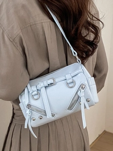 Retro Biker PU Leather Shoulder Bag For Women Rivet Zipper Crossbody Bag Large Capacity Tote Y2K Punk Style Pillow Handbag