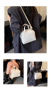 Collage of a white rectangular handbag shown in handheld and crossbody styles