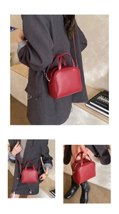 Three-way view of red square handbag showing crossbody and handheld styling options