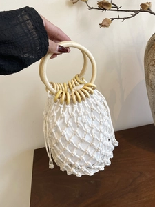 Bohemian Hand Woven Cotton Rope Bucket Bag For Women Vintage Circular Handbag With Wooden Ring Handles Beach Purse