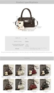 Detailed dimension chart showing a PU leather pillow bag with a heart charm and bear pendant
