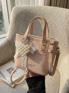 Women PU Leather Pebble Grain Shoulder Bag Chic Sweet Bucket Handbag With Artificial Pearl Heart Pendant Lace Ribbon For Daily Commute