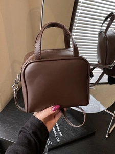 Deep brown matte PU leather square crossbody handbag with dual handles and shoulder strap