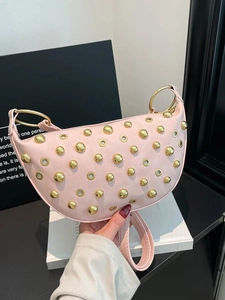 Sac Bandoulière Femme Vintage en Similicuir avec Rivets Sac Hobo Demi-Lune avec Clous Dorés et Anneaux Métalliques Style Punk