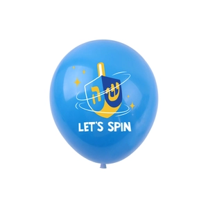 Blue Hanukkah latex balloon with Let's Spin dreidel print for Jewish festival party decor