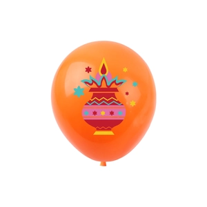Detail of orange latex balloon with colorful Kalash pattern for Diwali party decor