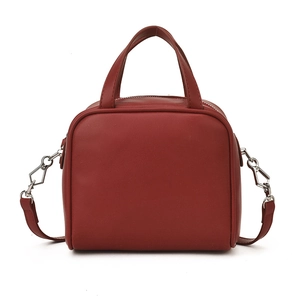 Minimalist burgundy leather crossbody bag with top handles and silver hardware