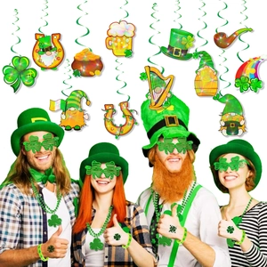 St. Patrick's Day party set with clover glasses, bead necklaces and spiral hanging swirls