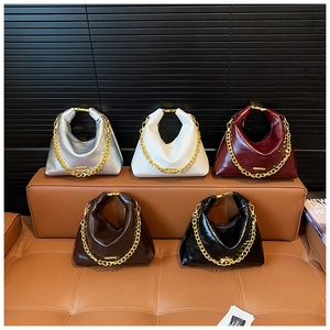Detailed row of various dumpling bags with glossy finish and thick gold chain handles