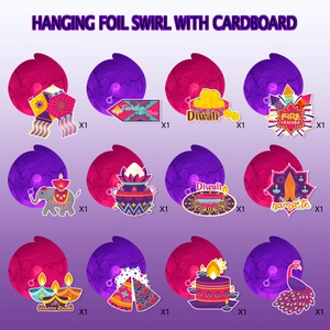 Vue détaillée de 12 décorations Diwali avec spirales en aluminium et cartes de fête en papier