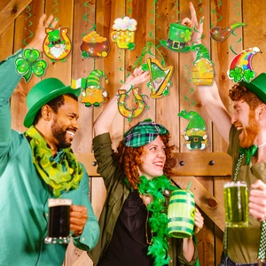 St. Patrick's Day hanging party decorations with green gnomes and clovers in festive scene