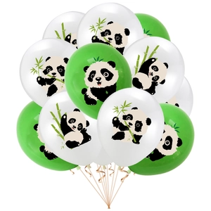 Panda birthday party kit with green and white latex balloons and bamboo patterns