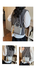 Three views of silver metallic bucket bag with beaded tassel charm on a shoulder strap