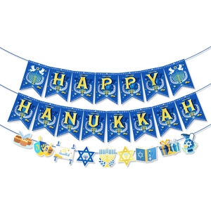 Close-up of Happy Hanukkah banners with Menorah and Star of David festive decorations