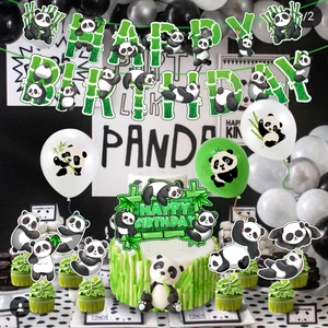 Panda birthday party set with Happy Birthday banner, cake toppers and latex balloons