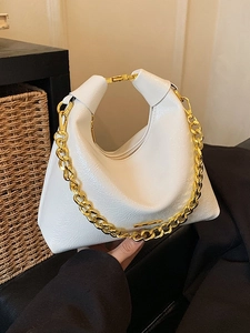 Fashion Women PU Leather Hobo Bag Urban Minimalist Shoulder Bag With Gold Chain Detail Solid Color Crossbody Underarm Bag