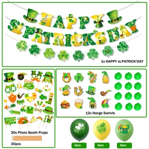 St. Patrick's Day party set with shamrock banner, balloons, and 30 photo booth props