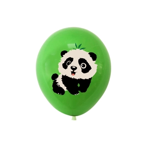 Close-up of bright green panda party balloon with cute cartoon panda pattern print