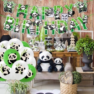 Panda theme party decoration set with green bamboo happy birthday banner and balloons