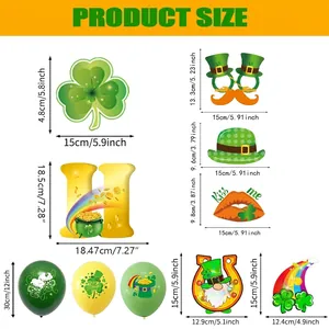 Size guide for St. Patrick's Day party decorations set with shamrock and rainbow banners