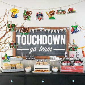 Super Bowl football party decoration set with hanging swirls and paper trophy cutouts