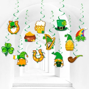Close-up of St. Patrick's Day hanging swirls with shamrock and leprechaun paper cutouts