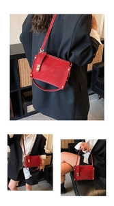 Detailed views of a red rectangular crossbody bag with gold lock and sleek shoulder strap