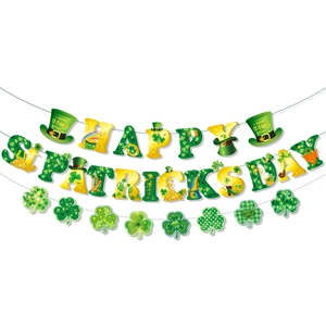Close-up of Happy St. Patrick's Day banner with green shamrocks and festive patterns