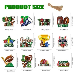 Size chart for Super Bowl football party hanging decorations featuring 12 unique card designs