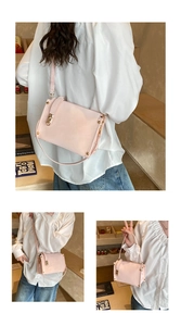 Detail of light pink crossbody bag showing golden hardware and adjustable strap
