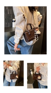 Deep brown patent leather crossbody bag with cute plush bear charm detail and straps