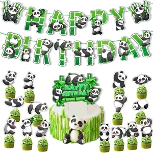 Panda themed birthday party set with bamboo happy birthday banner and cake toppers
