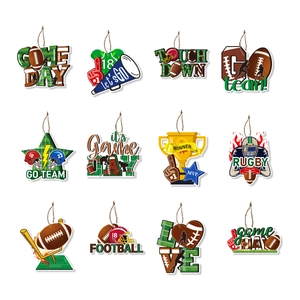 12-piece Super Bowl football party wooden ornaments with game day and touchdown elements